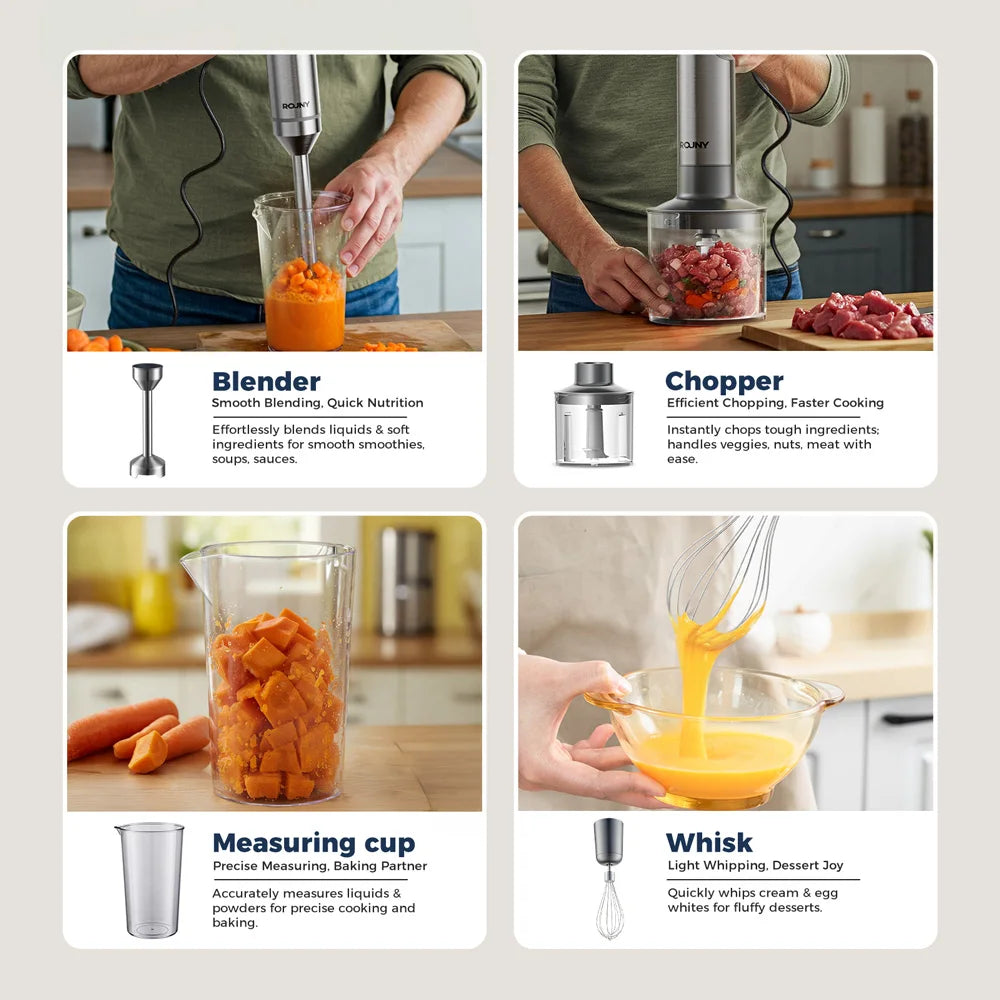 ROUNY 4-in-1 Hand Blender with Whisk & Chopper